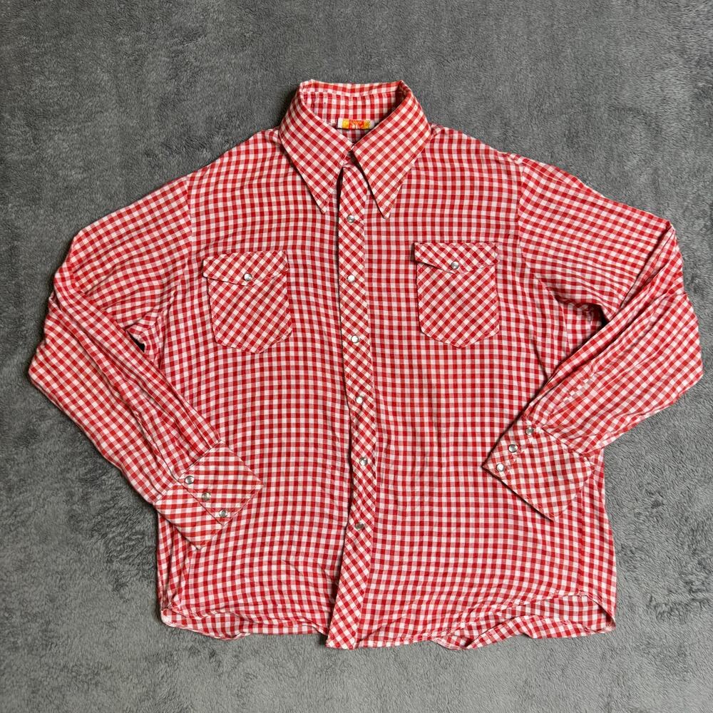 Vintage 80s Pearl Snap Button Shirt Mens XL Holiday Red Gingham Plaid Hand Made